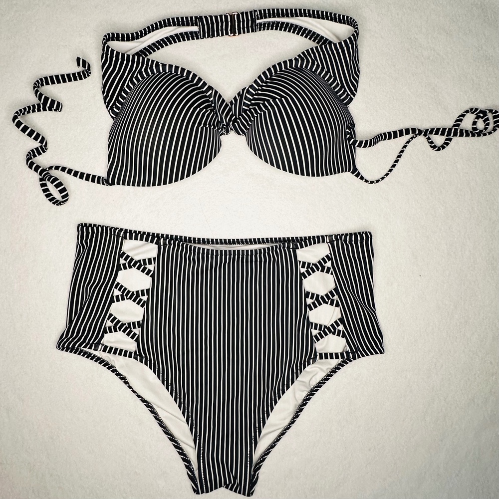 Shade & Shore Striped High Waist Bikini Set Criss Cross‎ Swimsuit 34B Small